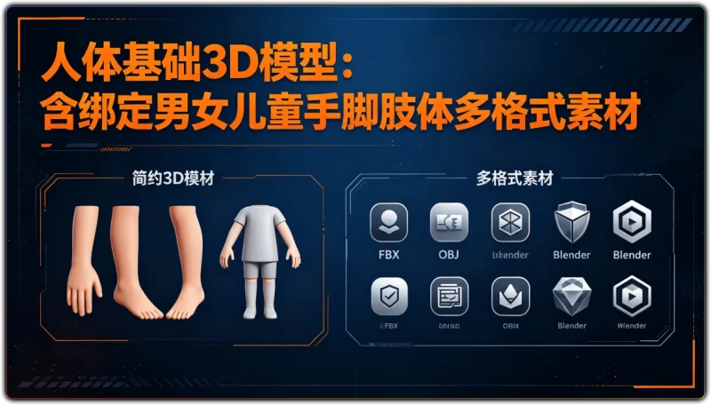 人体基础3D模型:含绑定男女儿童手脚肢体多格式素材 - 搜源站-搜源站