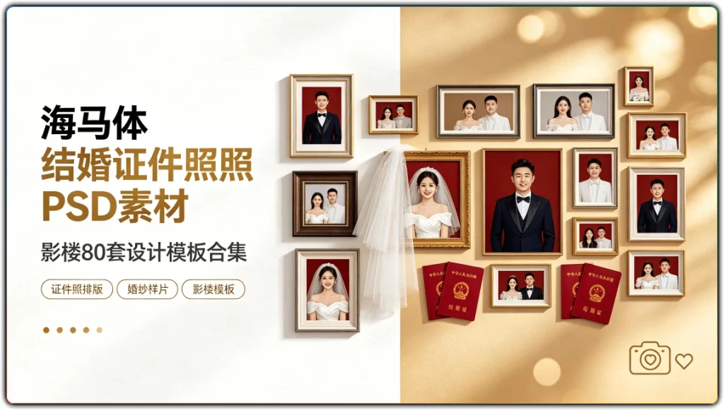 海马体结婚证件照PSD素材:影楼80套设计模板合集-搜源站