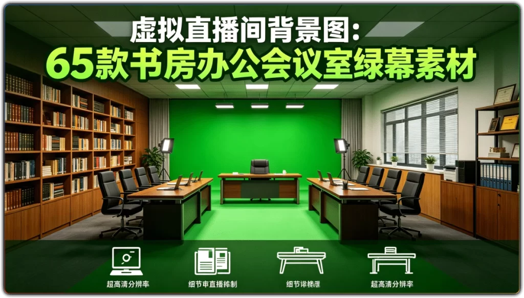 虚拟直播间背景图：65款书房办公会议室绿幕素材-搜源站