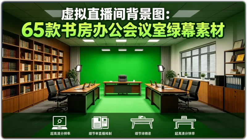 虚拟直播间背景图：65款书房办公会议室绿幕素材 - 搜源站-搜源站