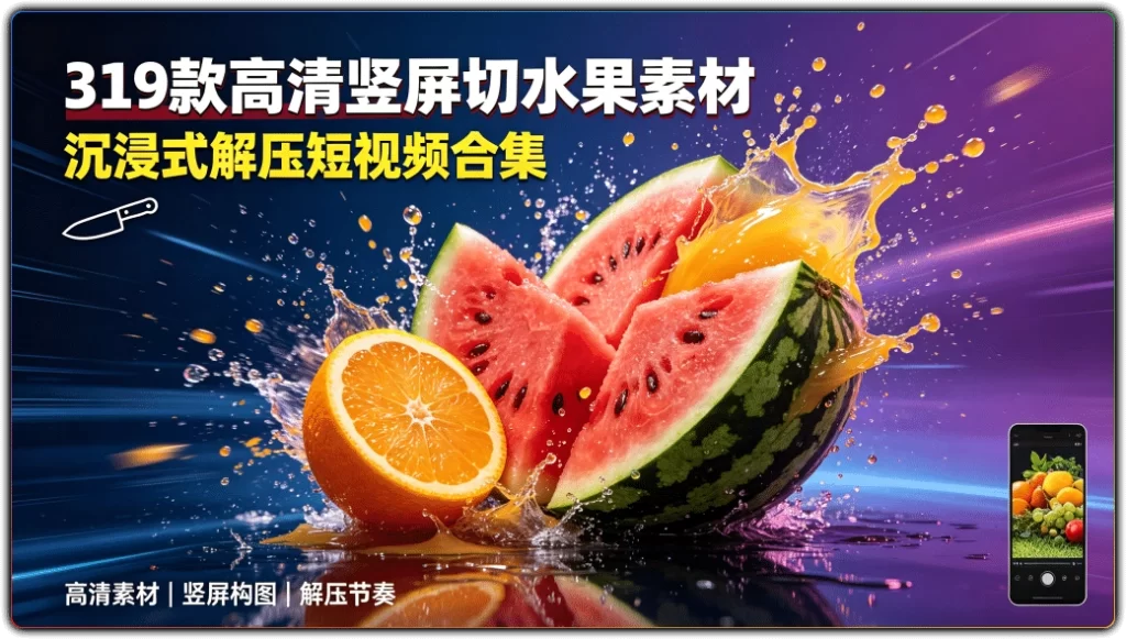 319款高清竖屏切水果素材：沉浸式解压短视频合集-搜源站