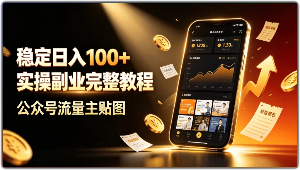公众号流量主贴图：稳定日入100+实操副业完整教程-搜源站